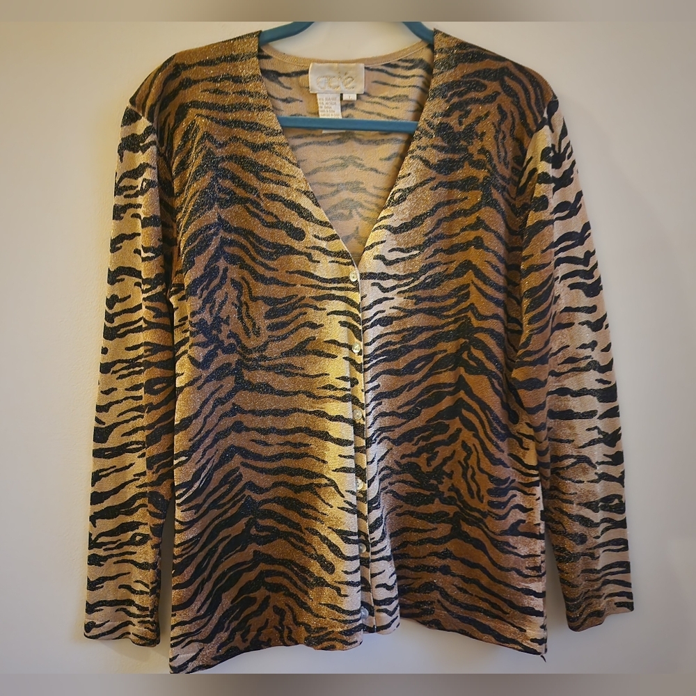 Caché Vintage 90s Y2K Glamour Silk Metallic Animal Tiger Print Cardigan